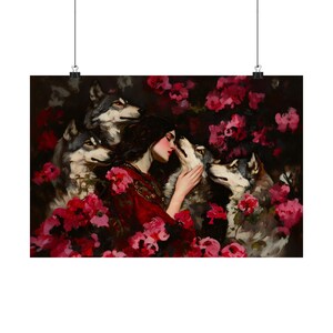 Woman and Wolves Art Print, Dark Romantic Wolf Wall Art, Fantasy Portrait Poster Bild 9