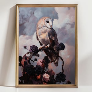 Barn Owl Art Print – Mystical Owl Wall Art with Dark Roses, Nocturnal Bird Painting, Gothic Cottagecore Animal Decor, Witchy Gift