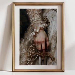 Regal Sword and Lace Art Print – Feminine Power Vintage Portrait – Baroque Noblewoman with Sword Wall Art – Victorian Gothic Home Decor