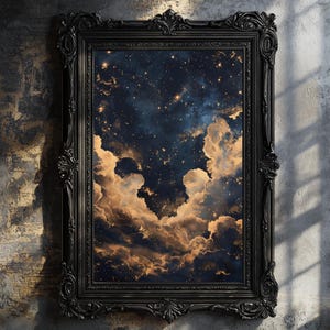 Impresión de arte de pared celestial, impresión de estrellas de cielo nocturno abstracto oscuro y melancólico, decoración académica, pintura de dormitorio maximalista azul y dorado con melancolía