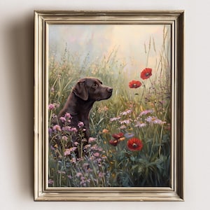 Chocolate Labrador and Wildflowers, Wall Art for Dog Lovers, Pet Decor, Home Wall Art, Animal Lovers Gift, Nature Inspired Decor