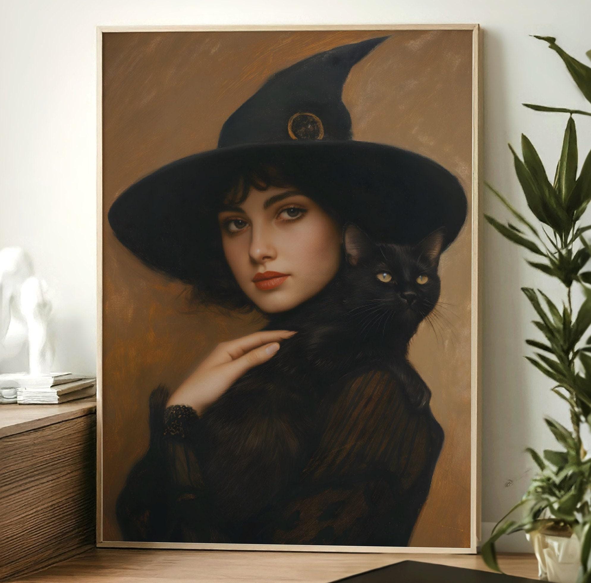 Witch and Black Cat Wall Art Print, Gothic Halloween Witch Portrait ...