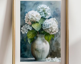 White Hydrangea Vase Print, Watercolor Floral Wall Art, Soft Botanical Decor, Elegant Flower Poster