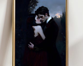 May include: A framed art print depicts a romantic scene of a couple embracing and kissing. The woman wears a red dress, and the man is in a dark suit. The background features a dark, moody landscape with a sunset.