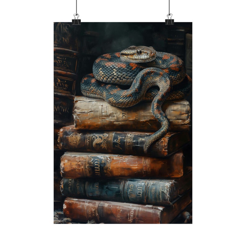 Snake on Antique Books Art Print, Dark Academia Wall Decor, Vintage Library Aesthetic, Moody Serpent Painting, Gothic Study Artwork image 5