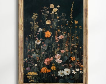 Dark botanical print, dark academia print, moody floral print, vintage floral wall art, antique painting, botanical Wildflower Art painting