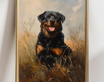 Rottweiler Dog Art Print | Happy Rottweiler Wall Decor | Pet Portrait Painting for Dog Lovers Gift