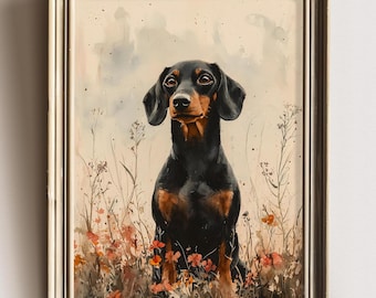 Dachshund Print Wildflower dog Print Vintage Wildflower Painting Dachshund Dog Wall Art Print Floral Cottagecore Landscape Farmhouse