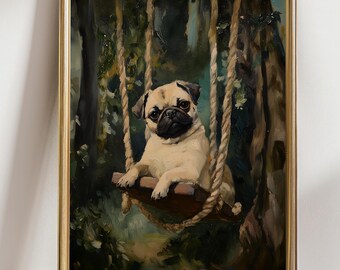 Pug on Forest Swing Poster, Cute Dog Wall Art, Home Decor, Pet Lover Gift, Animal Print, Nature Wall Decor, Dog Lover Gift