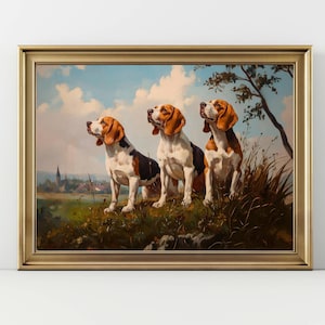 Beagle Dog Wall Art Print, Vintage Hunting Dogs Painting, Trio Hound Landscape Artwork, Rustic Country Decor for Dog Lovers