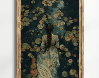 Ophelia Dark Academia Print - The Lake, Goth Moody Victorian Wall Art, Dark Decor Aesthetic, Dark Cottagecore, Gothic Prints into lake