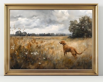 Golden Retriever Meadow Art – Dog Landscape Wall Print, Rustic Farmhouse Animal Decor, Countryside Pet Painting for Dog Lovers