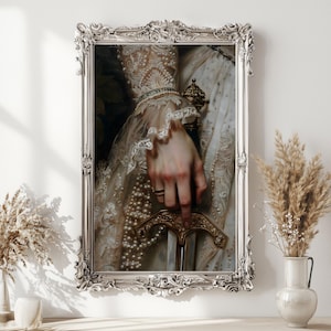 Victorian Art Sword Print moody Painting, Woman with Sword Print, victorian decor wall art, dark moody antique art Print, lace, sword