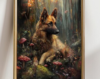 German Shepherd Forest Painting, Moody Woodland Dog Art Print, Rustic Nature Wall Decor, Animal Lover Gift, Cottagecore Home Decor