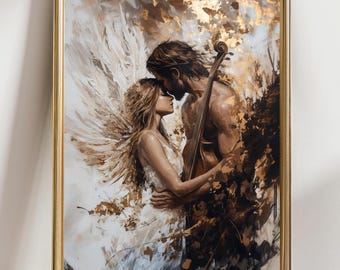 May include: A framed art print showing a romantic scene. A man and woman embrace, the woman with angel wings. The man holds a cello. The artwork has a gold frame and uses white, gold, and brown tones.