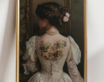 Tattoo - Victorian Art altered print moody Painting vintage woman Print, victorian decor wall art, dark moody antique art Print, lace Pearls