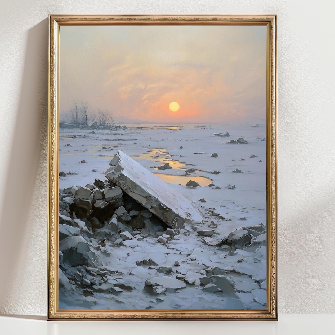 Winter Landscape Wall Art, Snowy River Sunset Print, Serene Nature ...