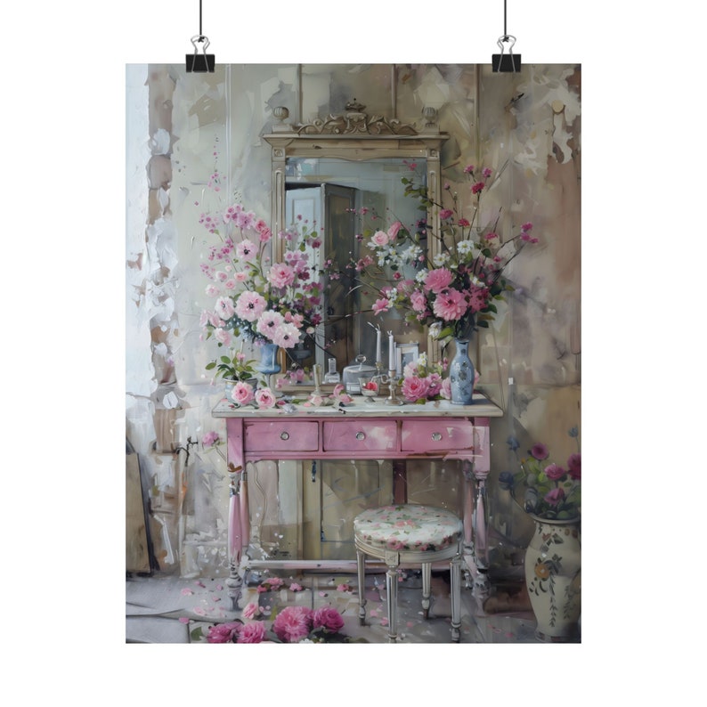 Vintage Pink Vanity Floral Print, Shabby Chic Bedroom Wall Art, Romantic Dressing Table Poster Bild 5
