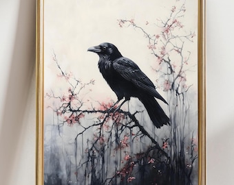 Victorian Gothic Raven Wall Art, Dark Floral Bird Print, Fantasy Nature Poster
