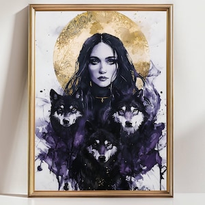 Mystic Wolf Pack Art Print – Gothic Woman with Wolves and Golden Moon, Dark Feminine Wall Decor, Spiritual Watercolor Poster
