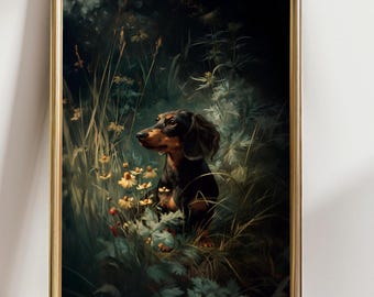Dachshund Meadow Wall Art Print, Moody Floral Sausage Dog Painting