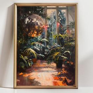 Moody disco ball eclectic home decor Heathouse botanical art | Disco ball mirrorball, 70s style warm aesthetic, retro funky houseplants art