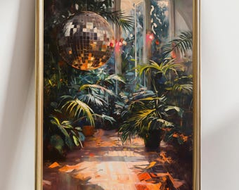 Moody disco ball eclectic home decor Heathouse botanical art | Disco ball mirrorball, 70s style warm aesthetic, retro funky houseplants art