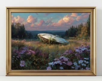 UFO Alien Meadow Landscape Print, Sci-Fi Fantasy Wall Art, Surreal Nature Decor, Alien Encounter Poster