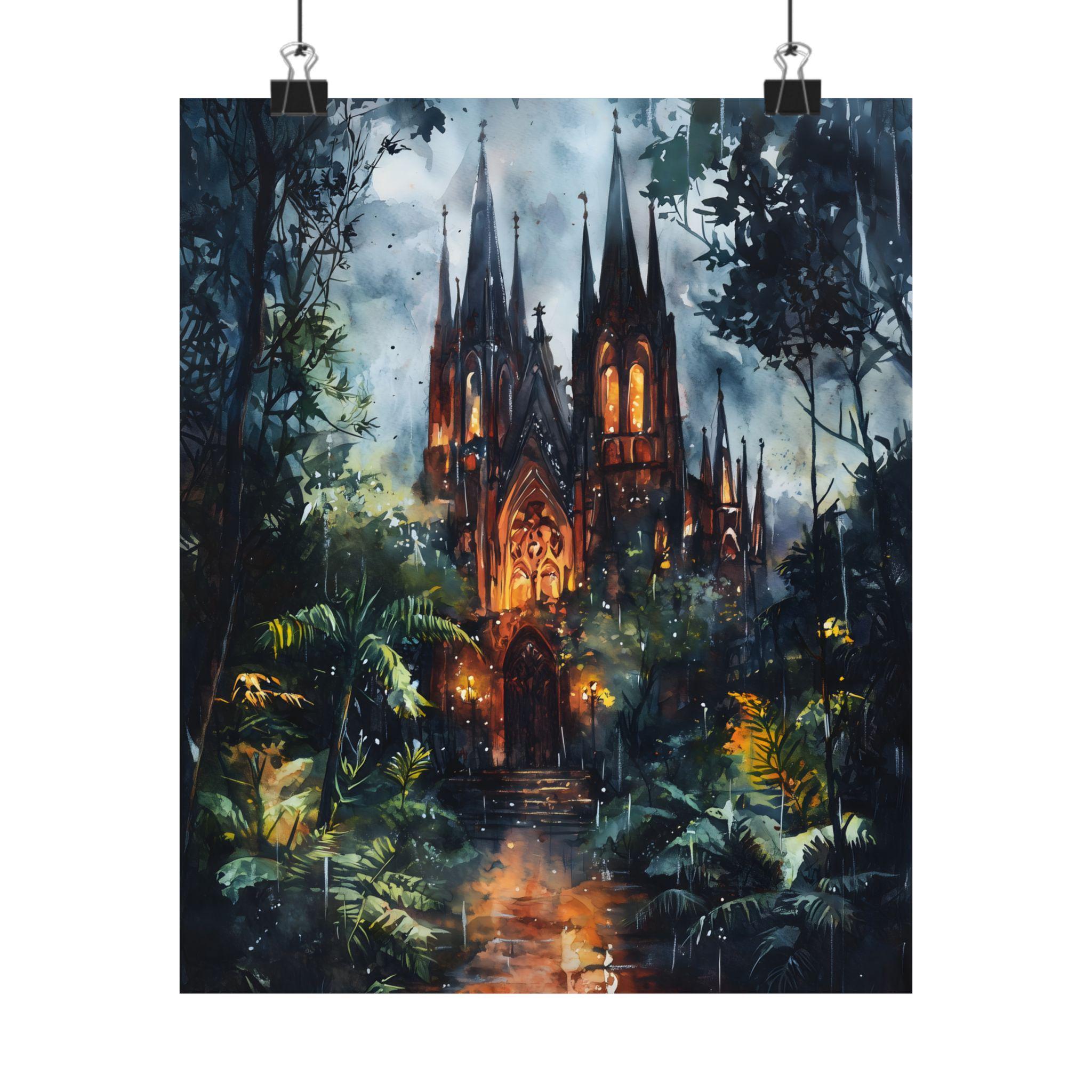 Gothic Cathedral Night Jungle Print, Dark Fantasy Architecture Wall Art ...