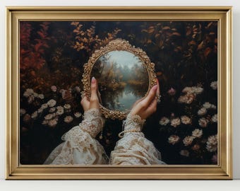 Mirror - Victorian Art Poster Print moody Painting, vintage woman Print, victorian decor wall art, dark moody antique art Print, lace Pearls