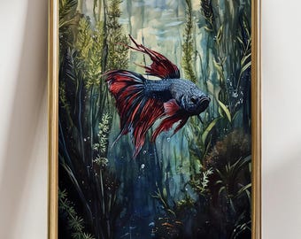 Betta Fish Wall Art, Underwater Aquarium Print, Siamese Fighting Fish Painting, Aquatic Nature Decor, Dark Moody Ocean Artwork