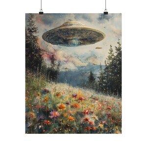 UFO Surreal Art Print,Wildflower Meadow, Eclectic Wall Art, Floral Cottagecore Landscape Funny Altered Art Print UFO Wall Alien Art Print image 7