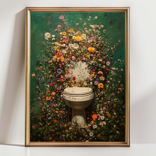 Impression d'art floral toilettes fantaisiste, décoration murale botanique drôle de salle de bain, floraison de jardin cottagecore avec une esthétique de la nature vintage