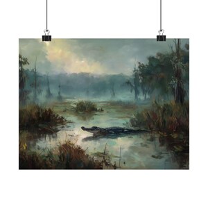 Alligator Swamp Wall Art – Moody Wildlife Landscape Print, Foggy Southern Bayou Painting, Gator Nature Decor for Rustic Homes image 6