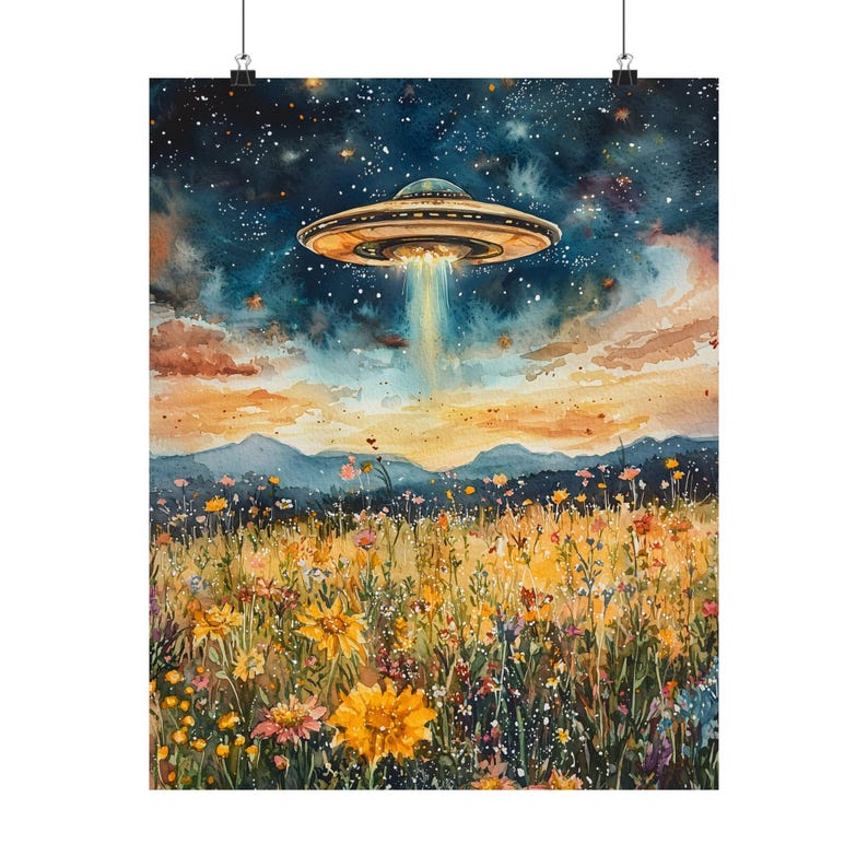 Impresión de arte surrealista OVNI, prado de flores silvestres, arte mural ecléctico, paisaje floral cottagecore, impresión artística divertida y alterada, impresión de arte extraterrestre para pared OVNI. imagen 8