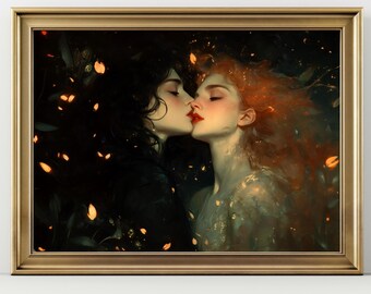 Lesbian Couple Wall Art, Romantic Fantasy Kiss Print, Dark Aesthetic Love Painting, LGBTQ Art, Moody Gothic Romance Decor
