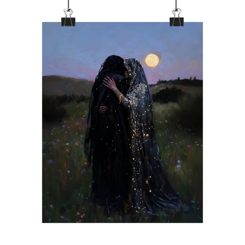Moonlit Lovers Art Print, Gothic Romantic Wall Decor, Celestial Witchy Couple Painting, LGBTQ+ Fantasy Love Artwork image 2