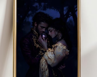 May include: A framed print depicts a romantic scene of a couple in a dark forest. The man wears a purple jacket with gold embroidery, and the woman wears a cream-colored dress. They are holding a glowing orb.