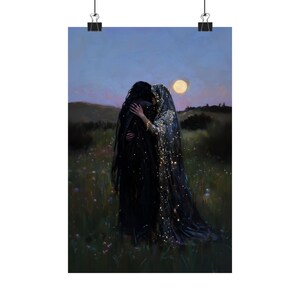 Moonlit Lovers Art Print, Gothic Romantic Wall Decor, Celestial Witchy Couple Painting, LGBTQ+ Fantasy Love Artwork image 5