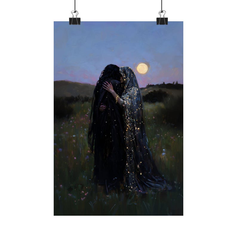 Moonlit Lovers Art Print, Gothic Romantic Wall Decor, Celestial Witchy Couple Painting, LGBTQ+ Fantasy Love Artwork image 5