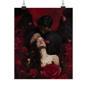 Dark Romance Wall Art, Angel Demon Love Painting, Gothic Couple Print, Red Rose Fantasy Art, Moody Romantic Decor image 6