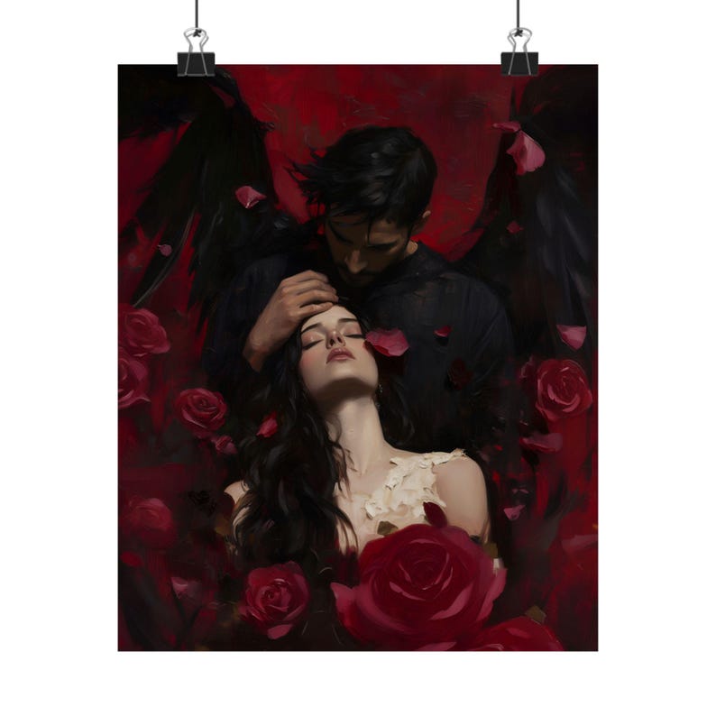Dark Romance Wall Art, Angel Demon Love Painting, Gothic Couple Print, Red Rose Fantasy Art, Moody Romantic Decor image 6