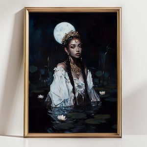 Moonlit Water Goddess Art Print – Mystical Feminine Wall Art, Fantasy Ethereal Portrait, Dark Boho Decor