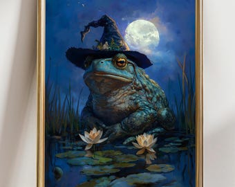 Whimsical Witch Toad Art Print - Moonlit Frog in Hat