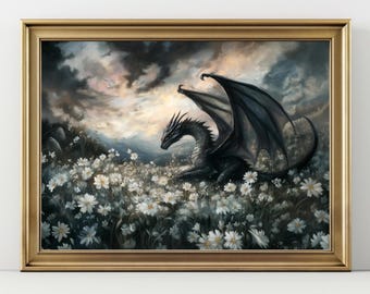 Impresión de arte mural de dragón de fantasía, pintura de dragón gótico en un prado de flores, obra de arte de criatura mítica, decoración del hogar de fantasía oscura