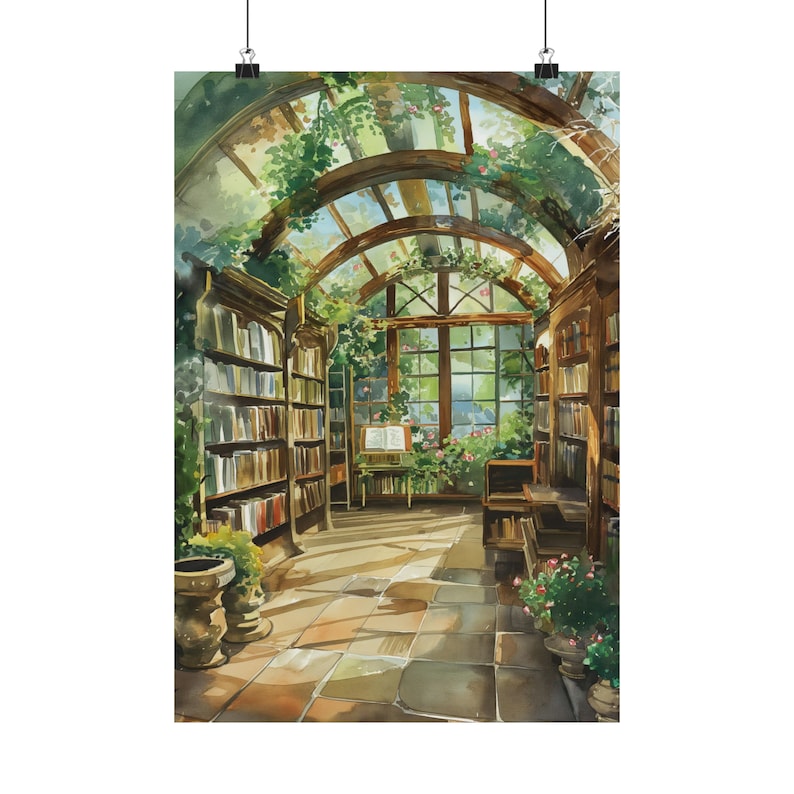 Cozy Garden Library Wall Art – Sunlit Conservatory Book Nook Art Print, Bookish Cottagecore Reading Room Decor image 5