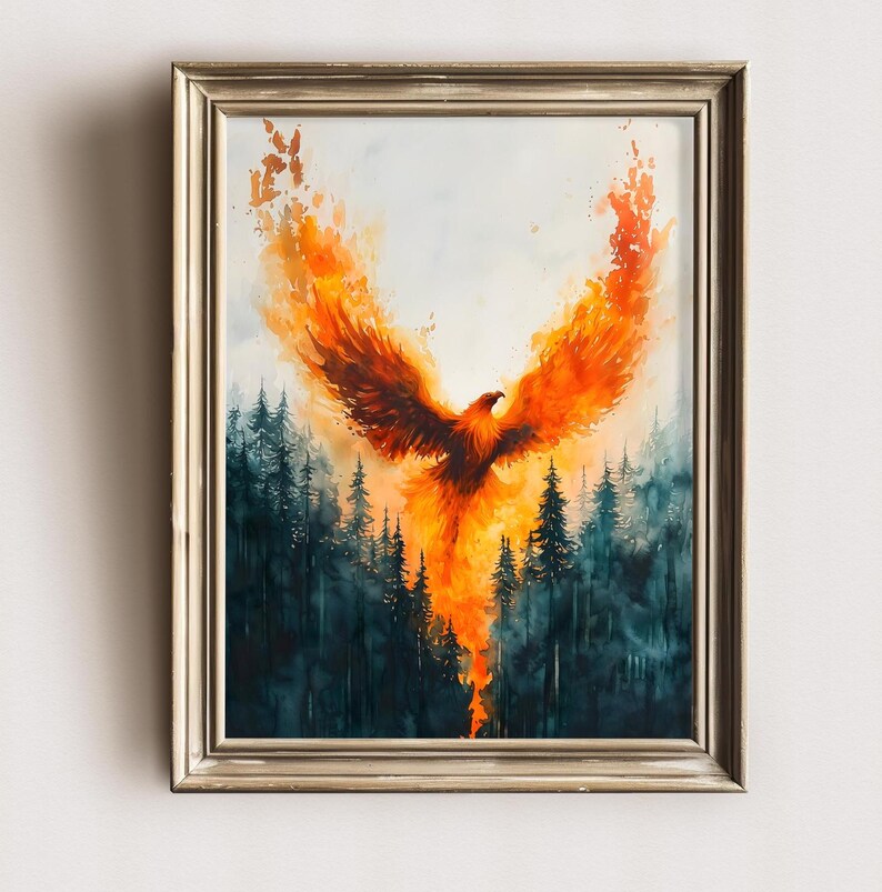 May include: A watercolor painting of a phoenix rising from a forest. The phoenix is depicted in shades of orange and yellow, with its wings spread wide. The forest is painted in shades of green and blue, with a misty background.