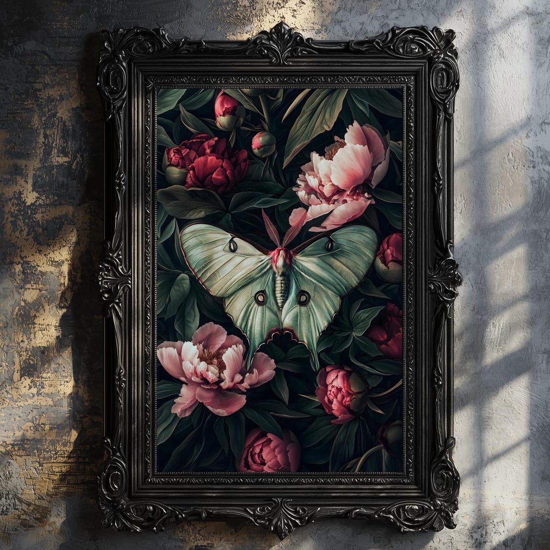 Luna Moth Print, Dark Botanical Prints, Dark Cottagecore Wall Art ...