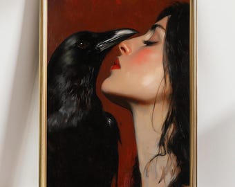 Dark Romantic Raven and Woman Portrait – Gothic Art Print, Crow Lover Wall Decor, Witchy Dark Aesthetic Painting, Moody Feminine Gift