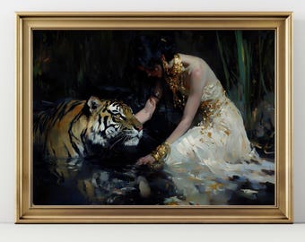 Gothic Jungle Wall Art, Woman and Tiger Dark Fantasy